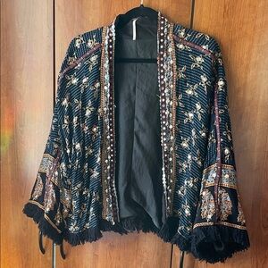 Free People Black and Gold Embroidered Kimono